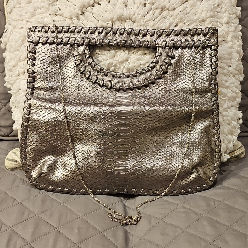 Big Buddha Snake Embosed Silver Metallic Clutch with Chain Detail - Picture 12 of 14